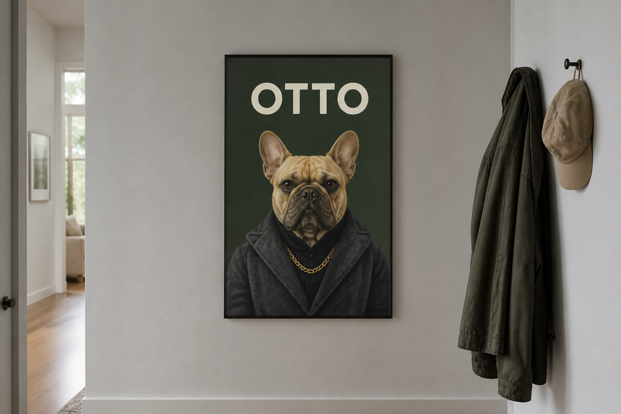 The Boss, frenchie Otto on a hallway wall