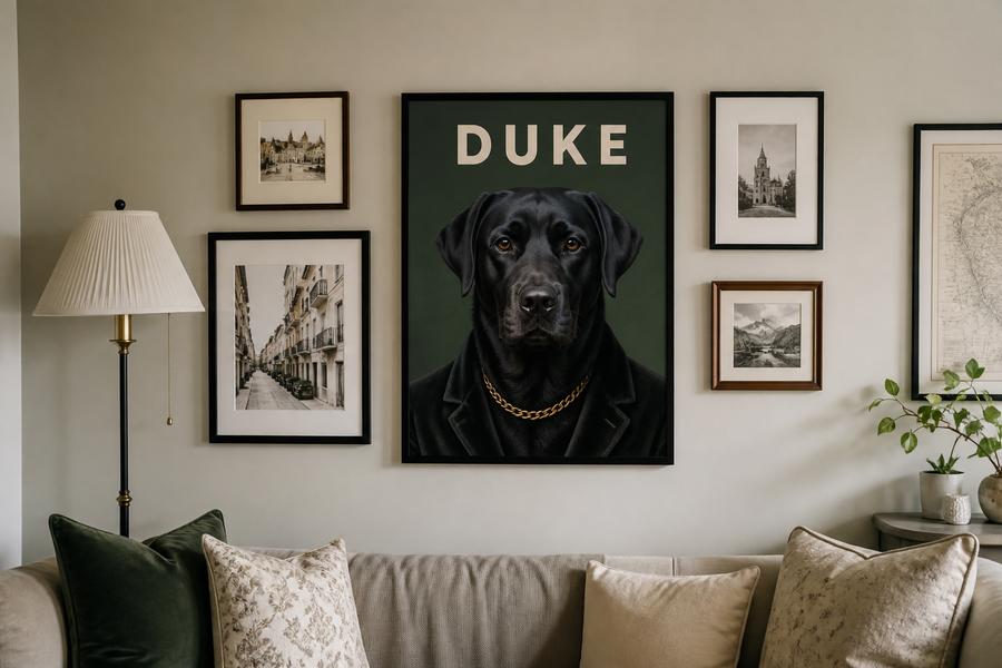 The Boss, black lab Duke on a gallery wall