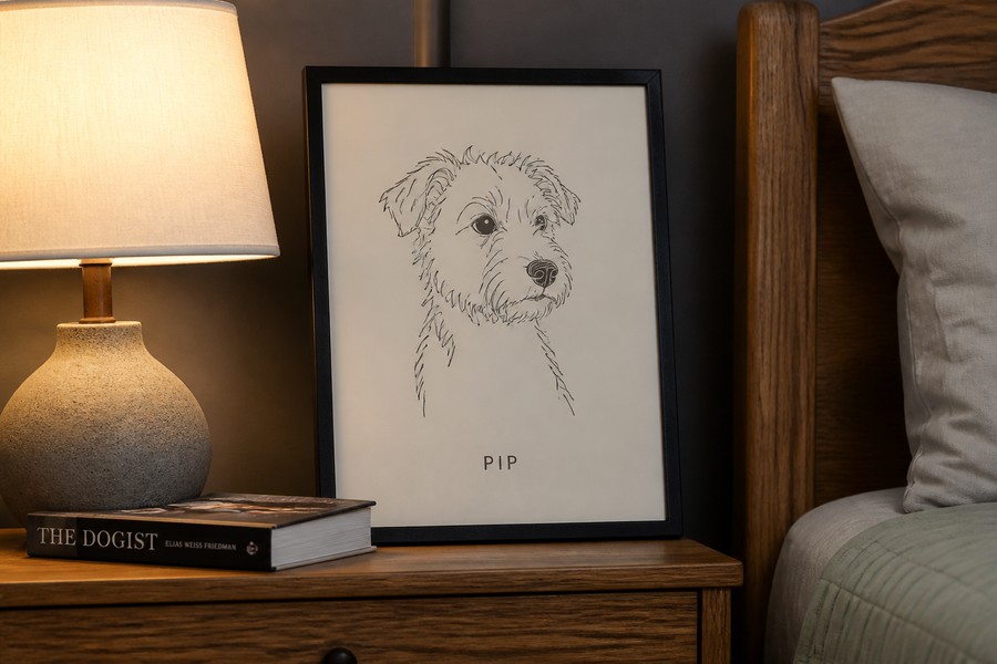 Line, mutt Pip on a nightstand