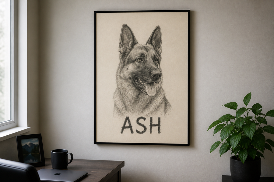 Sketch, shepherd Ash on a home-office wall