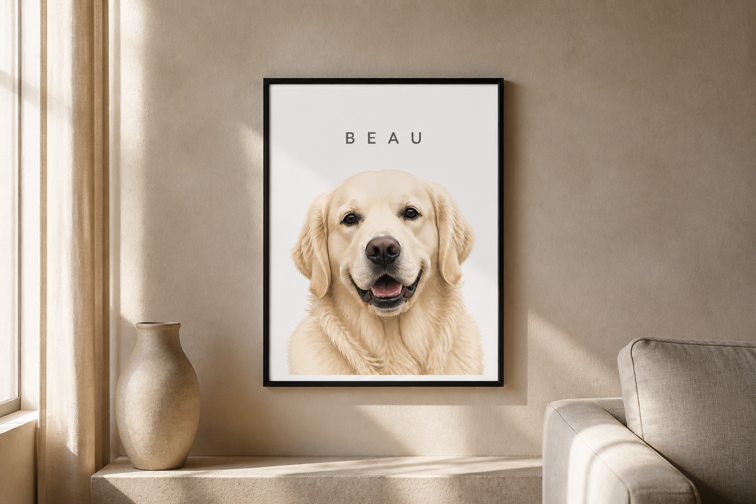 A framed custom dog portrait of Beau on a sideboard